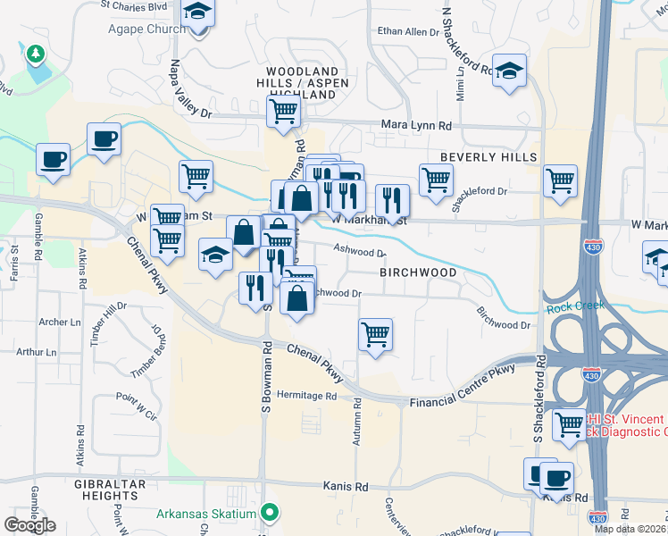 map of restaurants, bars, coffee shops, grocery stores, and more near 11717 Elmridge Circle in Little Rock