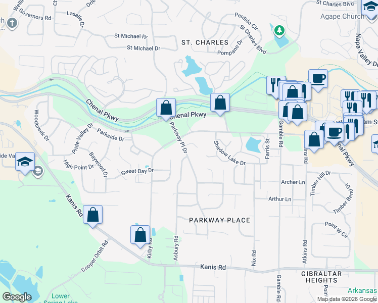 map of restaurants, bars, coffee shops, grocery stores, and more near 11 Red Maple Court in Little Rock