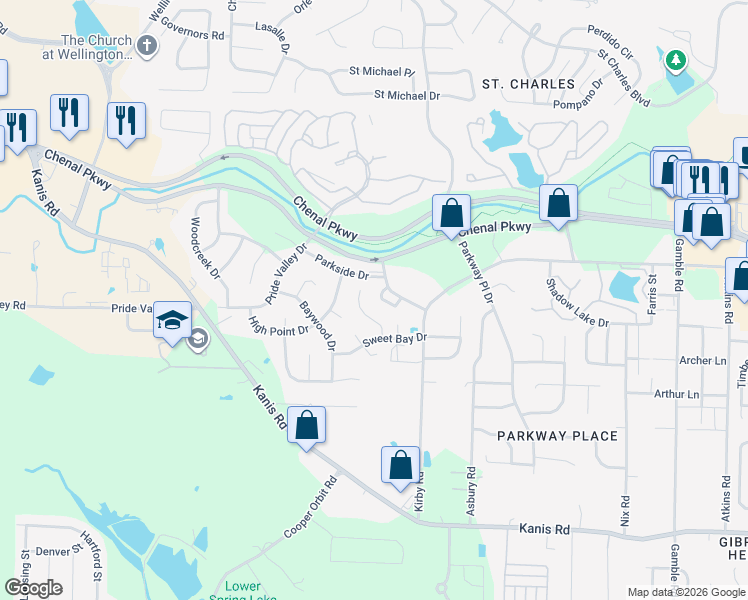 map of restaurants, bars, coffee shops, grocery stores, and more near 17 Willow Oak Court in Little Rock