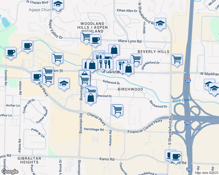 map of restaurants, bars, coffee shops, grocery stores, and more near 11620 Chipwood Drive in Little Rock