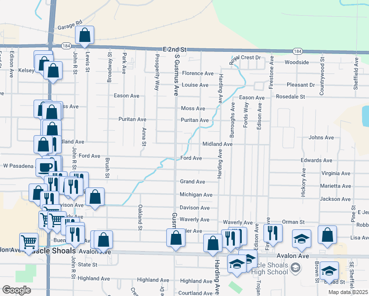 map of restaurants, bars, coffee shops, grocery stores, and more near 1052 Midland Avenue in Muscle Shoals