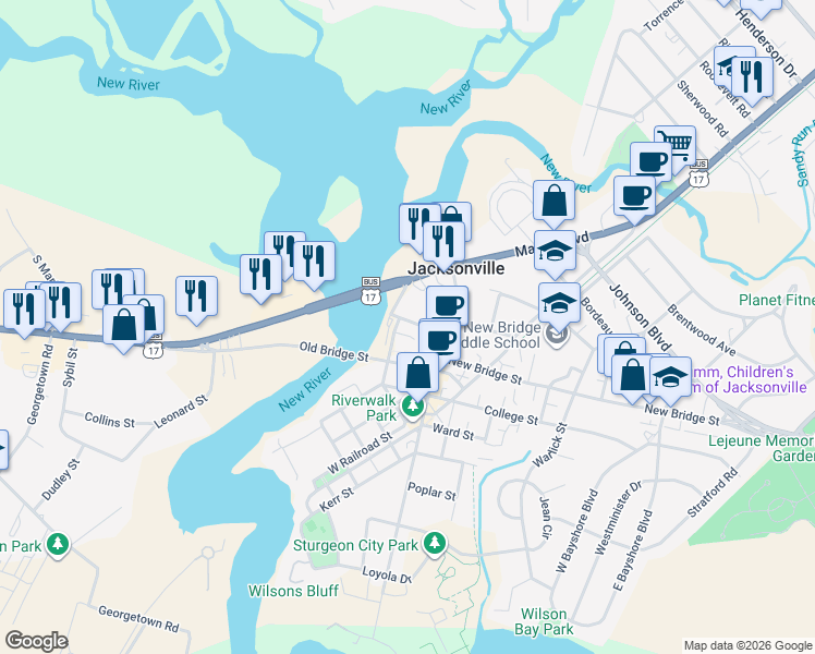 map of restaurants, bars, coffee shops, grocery stores, and more near 24-98 Tallman Street in Jacksonville