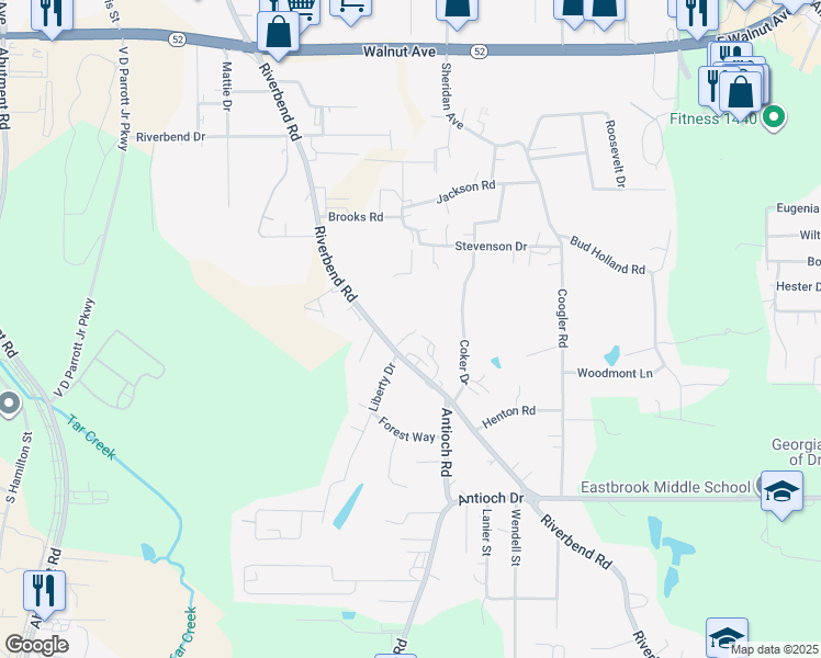 map of restaurants, bars, coffee shops, grocery stores, and more near 1299 Riverbend Road in Dalton