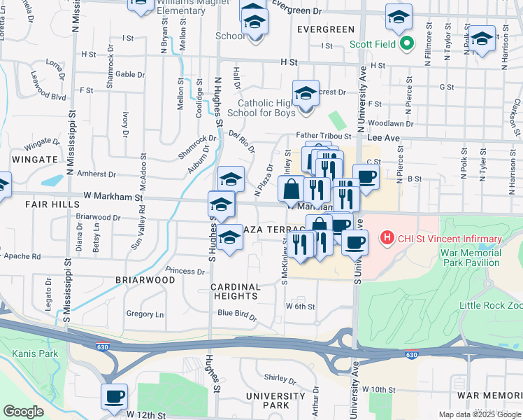 map of restaurants, bars, coffee shops, grocery stores, and more near 101 South Plaza Drive in Little Rock
