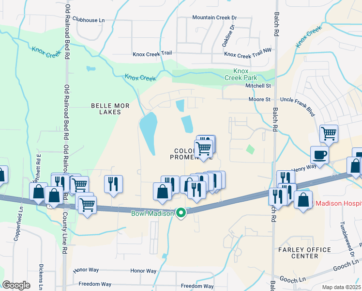 map of restaurants, bars, coffee shops, grocery stores, and more near 5550 Promenade Point Parkway in Madison