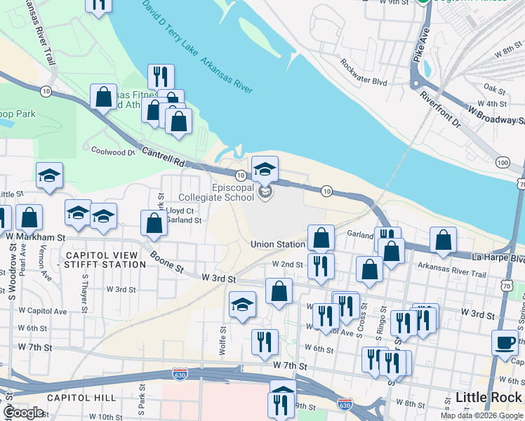 map of restaurants, bars, coffee shops, grocery stores, and more near 1701 Cantrell Road in Little Rock