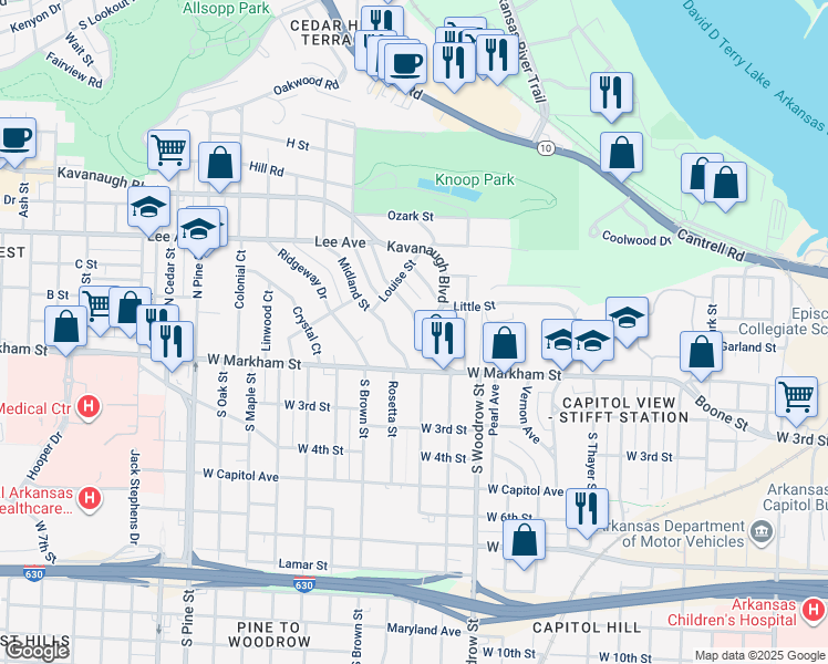 map of restaurants, bars, coffee shops, grocery stores, and more near 209 Midland Street in Little Rock