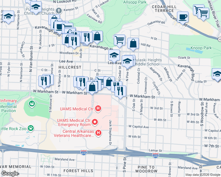 map of restaurants, bars, coffee shops, grocery stores, and more near 4100 West Markham Street in Little Rock
