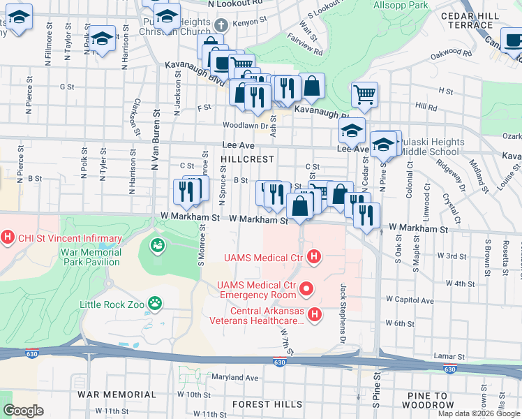 map of restaurants, bars, coffee shops, grocery stores, and more near 4520 West Markham Street in Little Rock