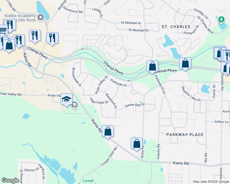 map of restaurants, bars, coffee shops, grocery stores, and more near 14112 High Point Drive in Little Rock