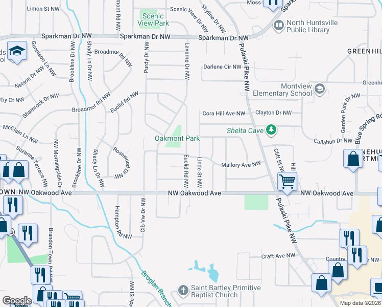 map of restaurants, bars, coffee shops, grocery stores, and more near 3015 Mallory Avenue Northwest in Huntsville
