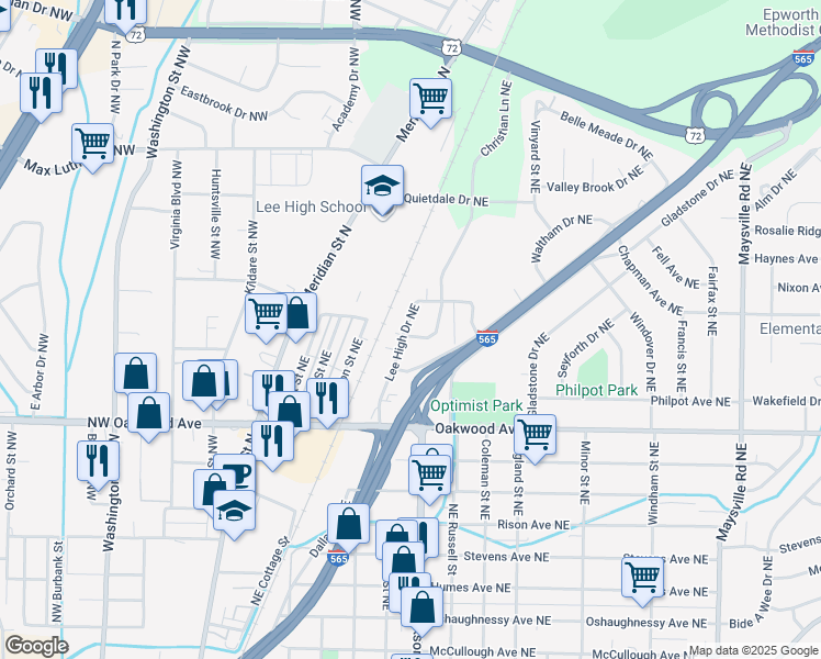 map of restaurants, bars, coffee shops, grocery stores, and more near 501 Forrest Circle Northeast in Huntsville