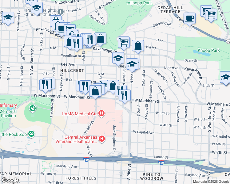map of restaurants, bars, coffee shops, grocery stores, and more near 4100 West Markham Street in Little Rock