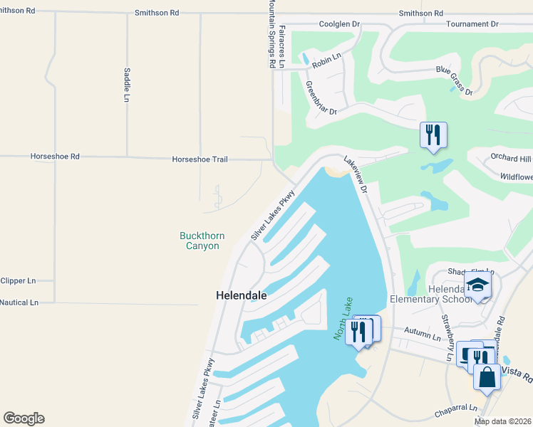 map of restaurants, bars, coffee shops, grocery stores, and more near 27546 Silver Lakes Parkway in Helendale