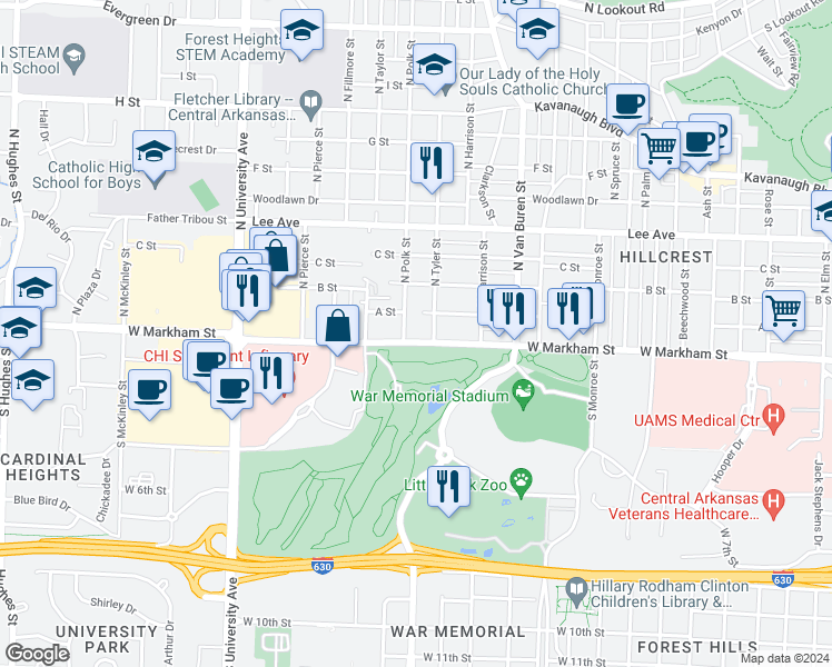 map of restaurants, bars, coffee shops, grocery stores, and more near 5418 West Markham Street in Little Rock