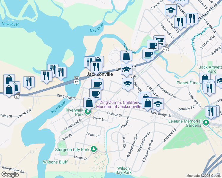 map of restaurants, bars, coffee shops, grocery stores, and more near 143 Chaney Avenue in Jacksonville
