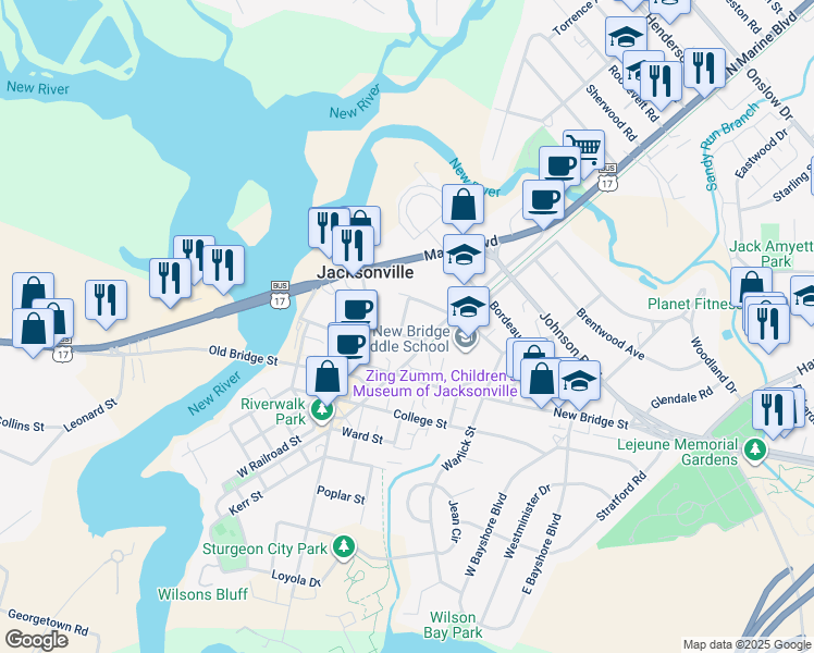 map of restaurants, bars, coffee shops, grocery stores, and more near 150 Chaney Avenue in Jacksonville