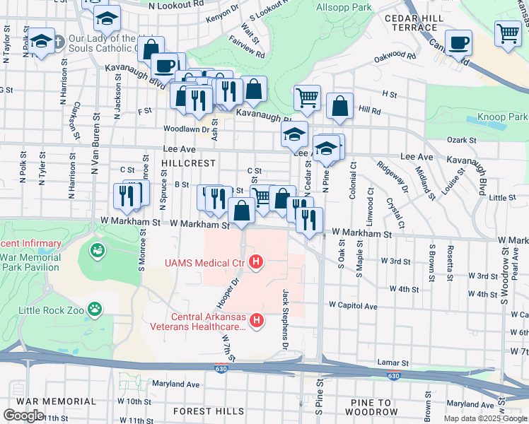 map of restaurants, bars, coffee shops, grocery stores, and more near 4224 West Markham Street in Little Rock