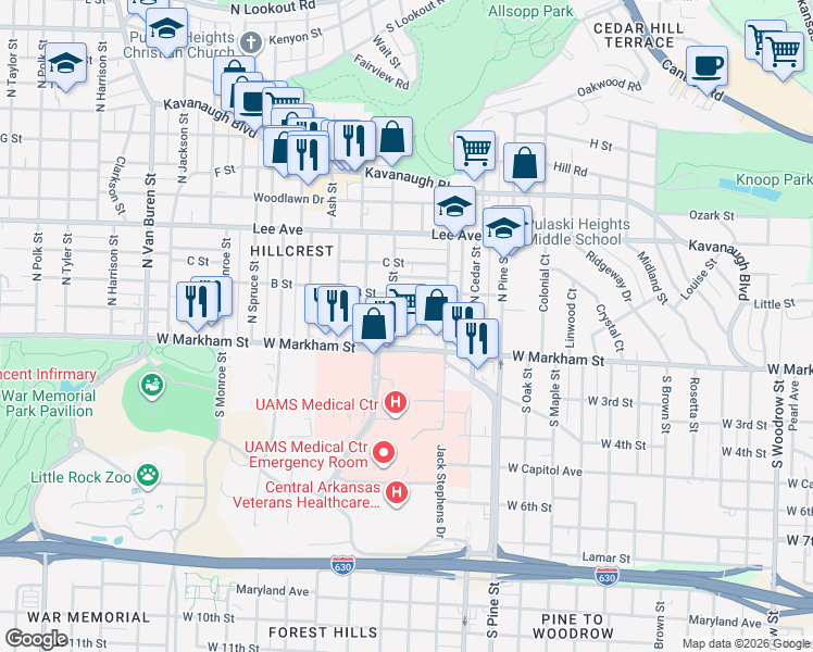 map of restaurants, bars, coffee shops, grocery stores, and more near 4224 West Markham Street in Little Rock