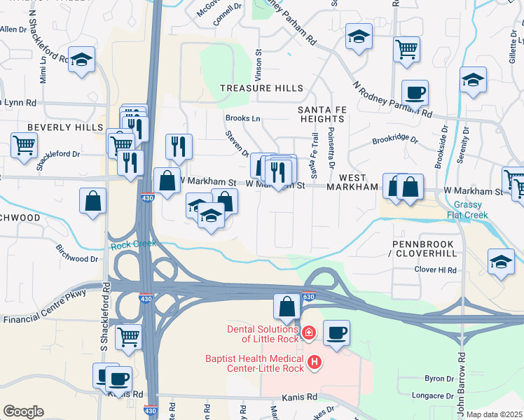 map of restaurants, bars, coffee shops, grocery stores, and more near 214 Oak Lane in Little Rock