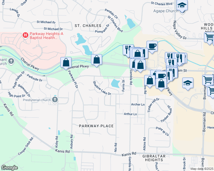 map of restaurants, bars, coffee shops, grocery stores, and more near 13111 West Markham Street in Little Rock