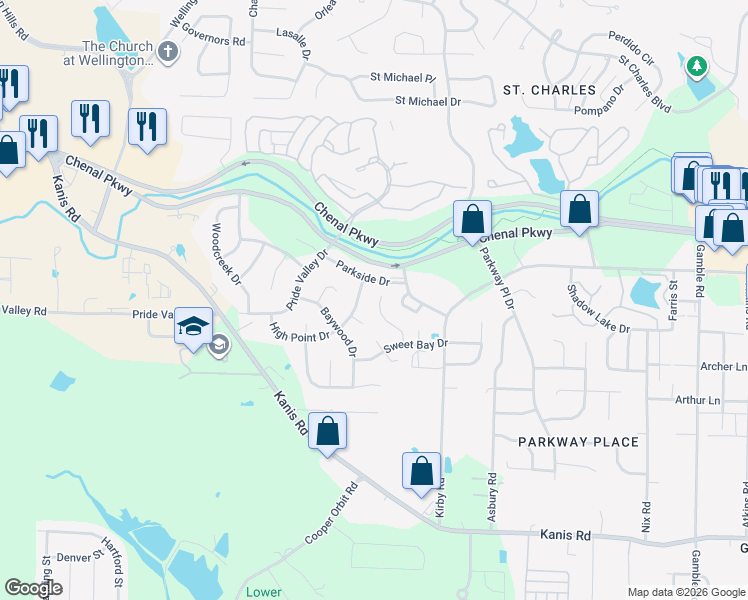 map of restaurants, bars, coffee shops, grocery stores, and more near 17 Willow Oak Court in Little Rock