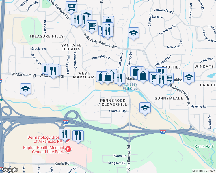 map of restaurants, bars, coffee shops, grocery stores, and more near 9101 West Markham Street in Little Rock