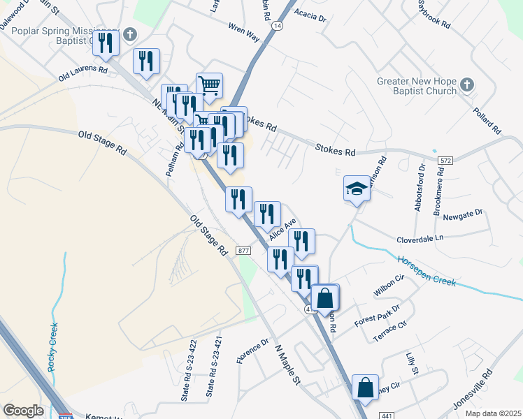 map of restaurants, bars, coffee shops, grocery stores, and more near 902 Northeast Main Street in Simpsonville
