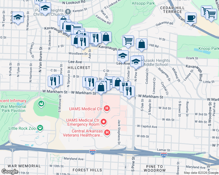 map of restaurants, bars, coffee shops, grocery stores, and more near 4224 West Markham Street in Little Rock