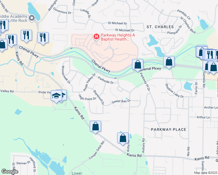map of restaurants, bars, coffee shops, grocery stores, and more near 17 Willow Oak Court in Little Rock