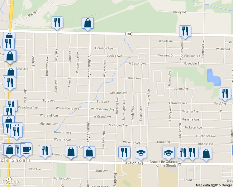 map of restaurants, bars, coffee shops, grocery stores, and more near 901 Harding Avenue in Muscle Shoals