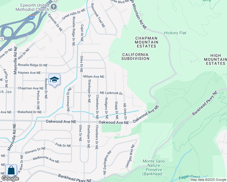 map of restaurants, bars, coffee shops, grocery stores, and more near 2021 Stapp Drive Northeast in Huntsville