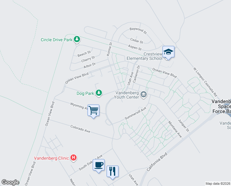 map of restaurants, bars, coffee shops, grocery stores, and more near 602 Juniper Street in Vandenberg Space Force Base