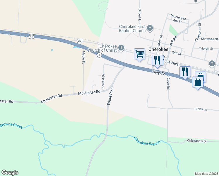 map of restaurants, bars, coffee shops, grocery stores, and more near Mount Hester Road in Cherokee