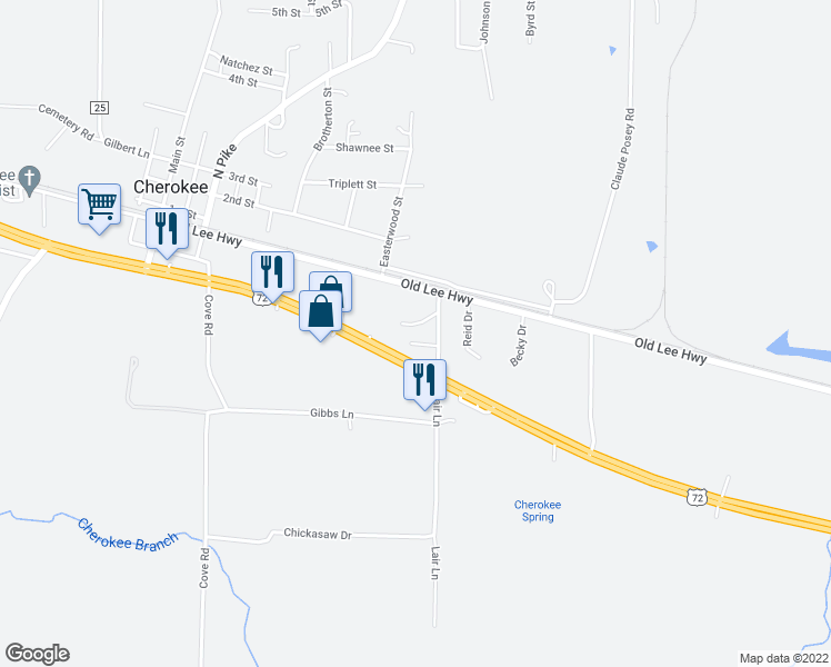 map of restaurants, bars, coffee shops, grocery stores, and more near 1600-1698 Daniel Street in Cherokee