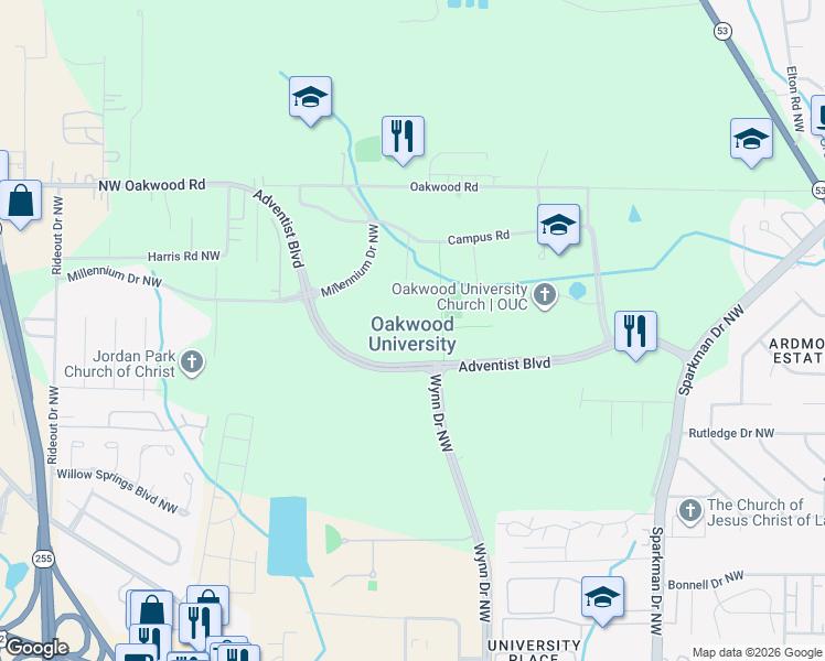 map of restaurants, bars, coffee shops, grocery stores, and more near 7000 Adventist Boulevard Northwest in Huntsville