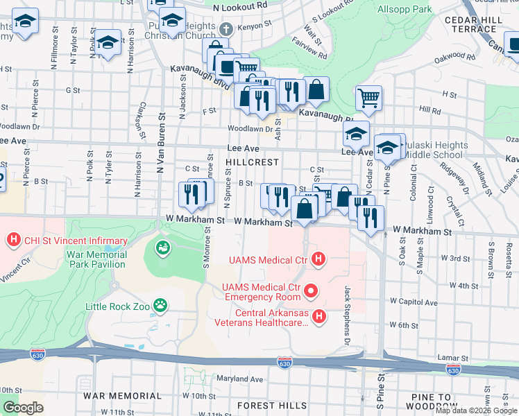 map of restaurants, bars, coffee shops, grocery stores, and more near 4520 West Markham Street in Little Rock