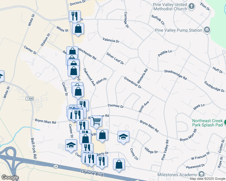 map of restaurants, bars, coffee shops, grocery stores, and more near 201 Greenbriar Drive in Jacksonville