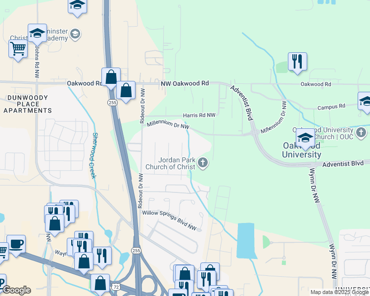 map of restaurants, bars, coffee shops, grocery stores, and more near 1910 Mangum Drive Northwest in Huntsville