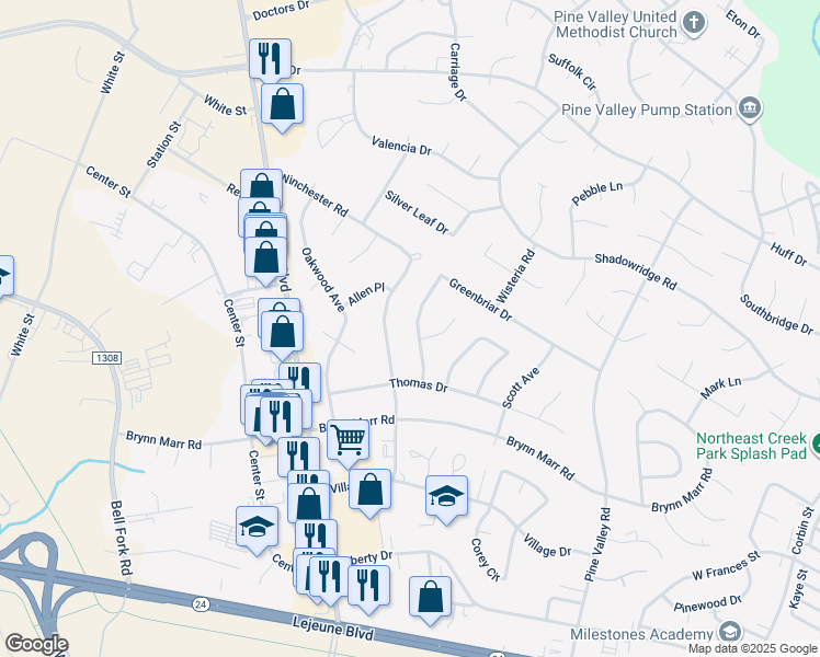 map of restaurants, bars, coffee shops, grocery stores, and more near 201 Greenbriar Drive in Jacksonville