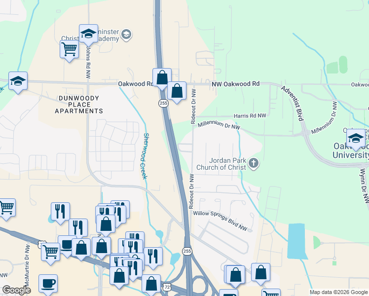 map of restaurants, bars, coffee shops, grocery stores, and more near 1915 Rideout Drive Northwest in Huntsville