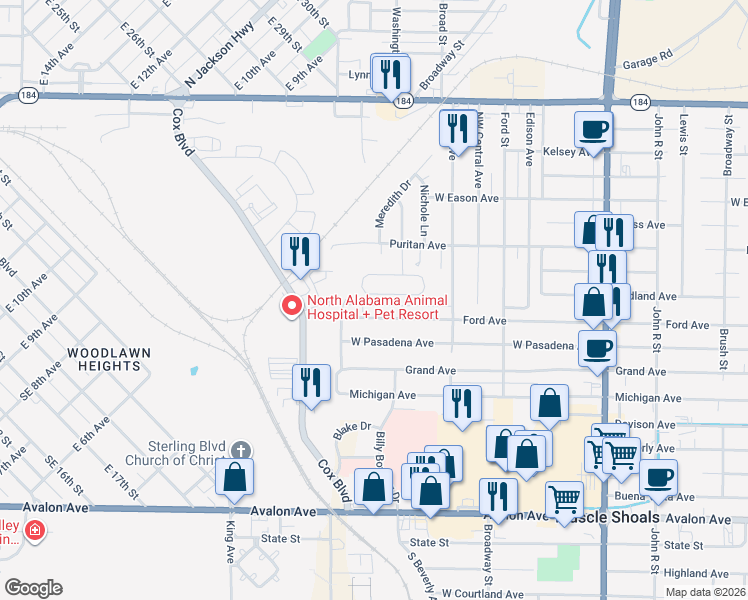 map of restaurants, bars, coffee shops, grocery stores, and more near 101-299 West Ford Avenue in Muscle Shoals