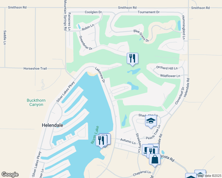 map of restaurants, bars, coffee shops, grocery stores, and more near 27535 Lakeview Drive in Helendale