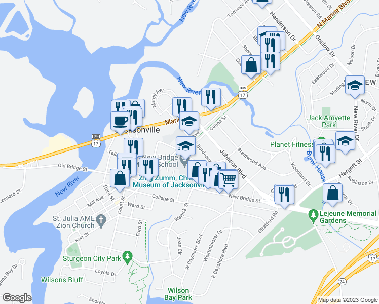 map of restaurants, bars, coffee shops, grocery stores, and more near 430 Warlick Street in Jacksonville