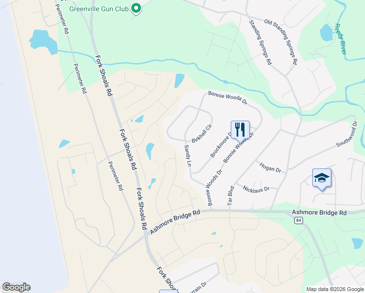 map of restaurants, bars, coffee shops, grocery stores, and more near 132 Sandy Lane in Greenville