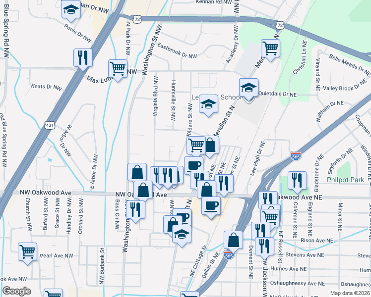 map of restaurants, bars, coffee shops, grocery stores, and more near 2207 Meridian Street North in Huntsville