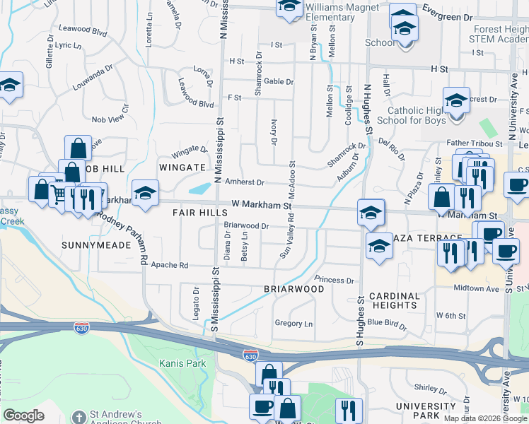 map of restaurants, bars, coffee shops, grocery stores, and more near 7402 Briarwood Drive in Little Rock