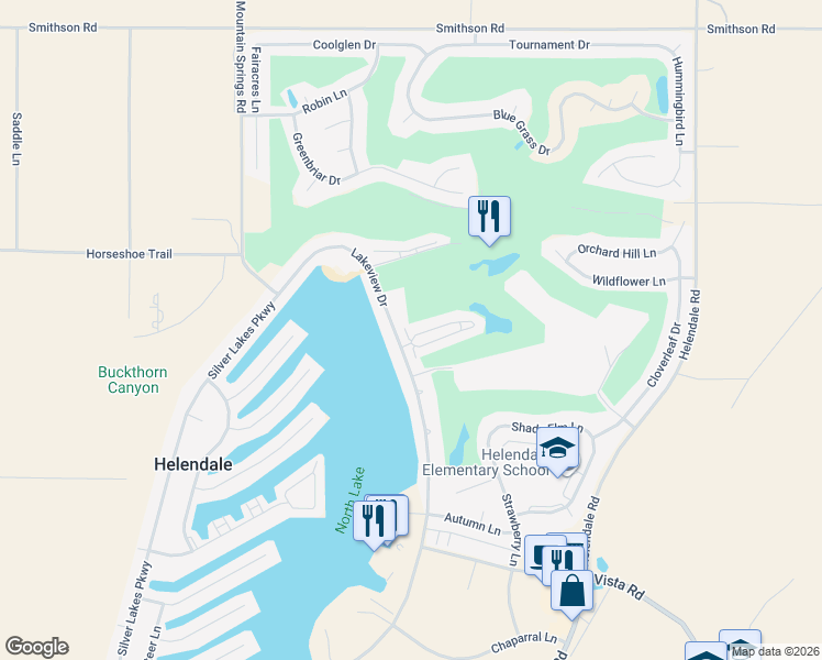 map of restaurants, bars, coffee shops, grocery stores, and more near 27535 Lakeview Drive in Helendale