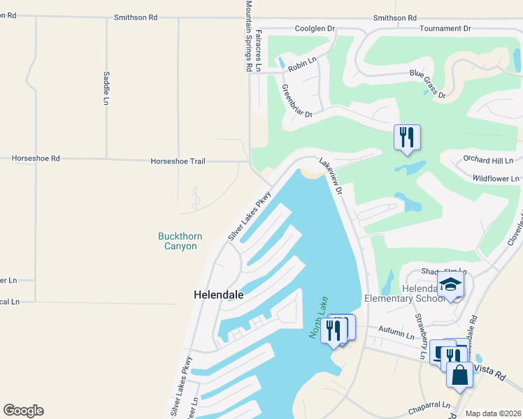 map of restaurants, bars, coffee shops, grocery stores, and more near 27573 Silver Lakes Parkway in Helendale