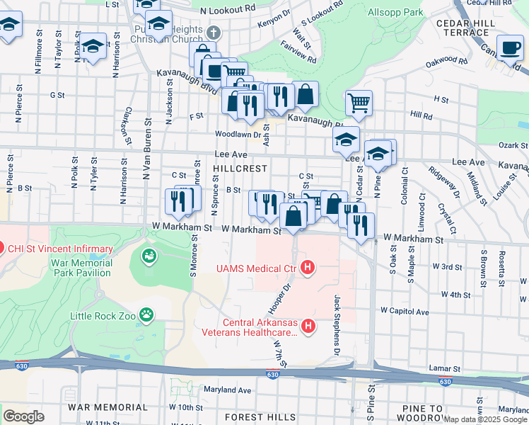 map of restaurants, bars, coffee shops, grocery stores, and more near 124 Ash Street in Little Rock